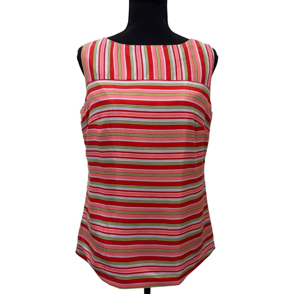 Talbots 100% Silk Shell Striped Pink Red Green Sleeveless Lined Blouse Size 6
